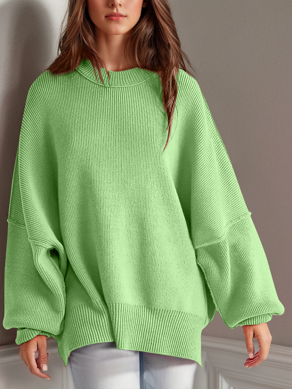 double take side slit round neck long sleeve sweater