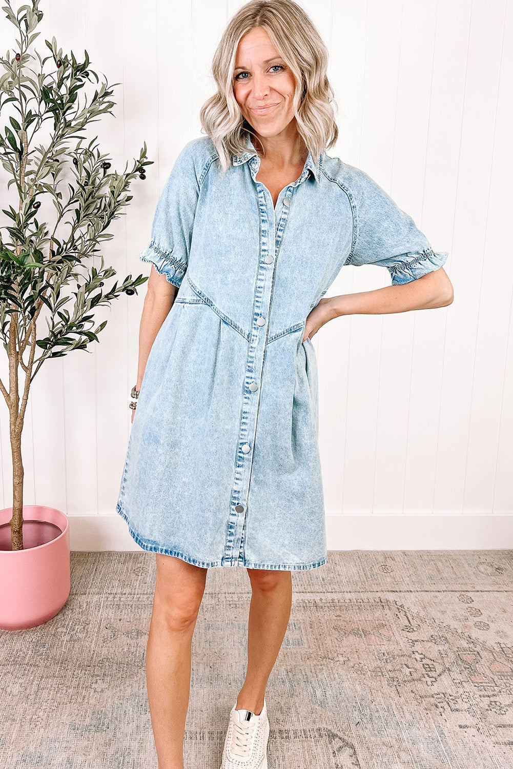 beau blue mineral wash ruffled short sleeve buttoned denim dress