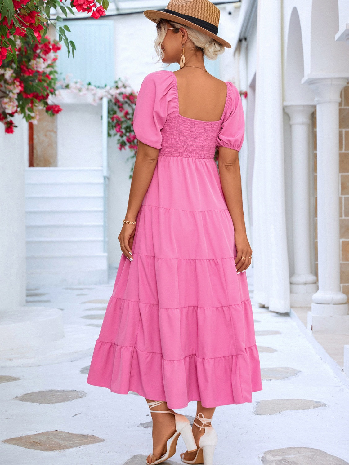 tiered smocked short sleeve dress