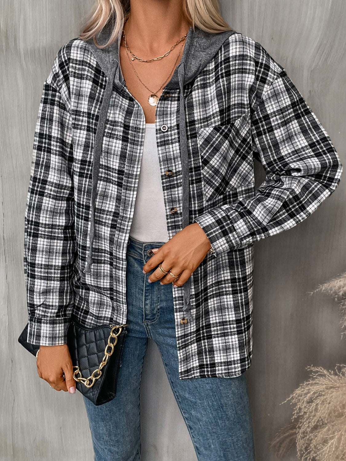 plaid long sleeve hooded jacket