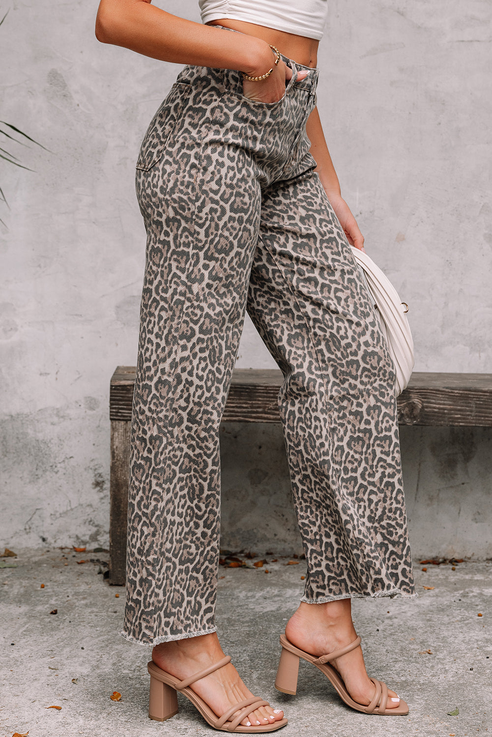 brown leopard frayed edge wide leg high waist jeans