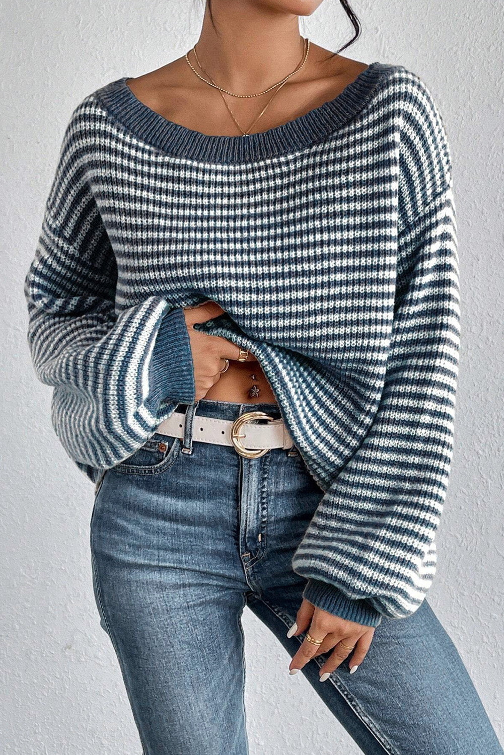striped boat neck long sleeve sweater
