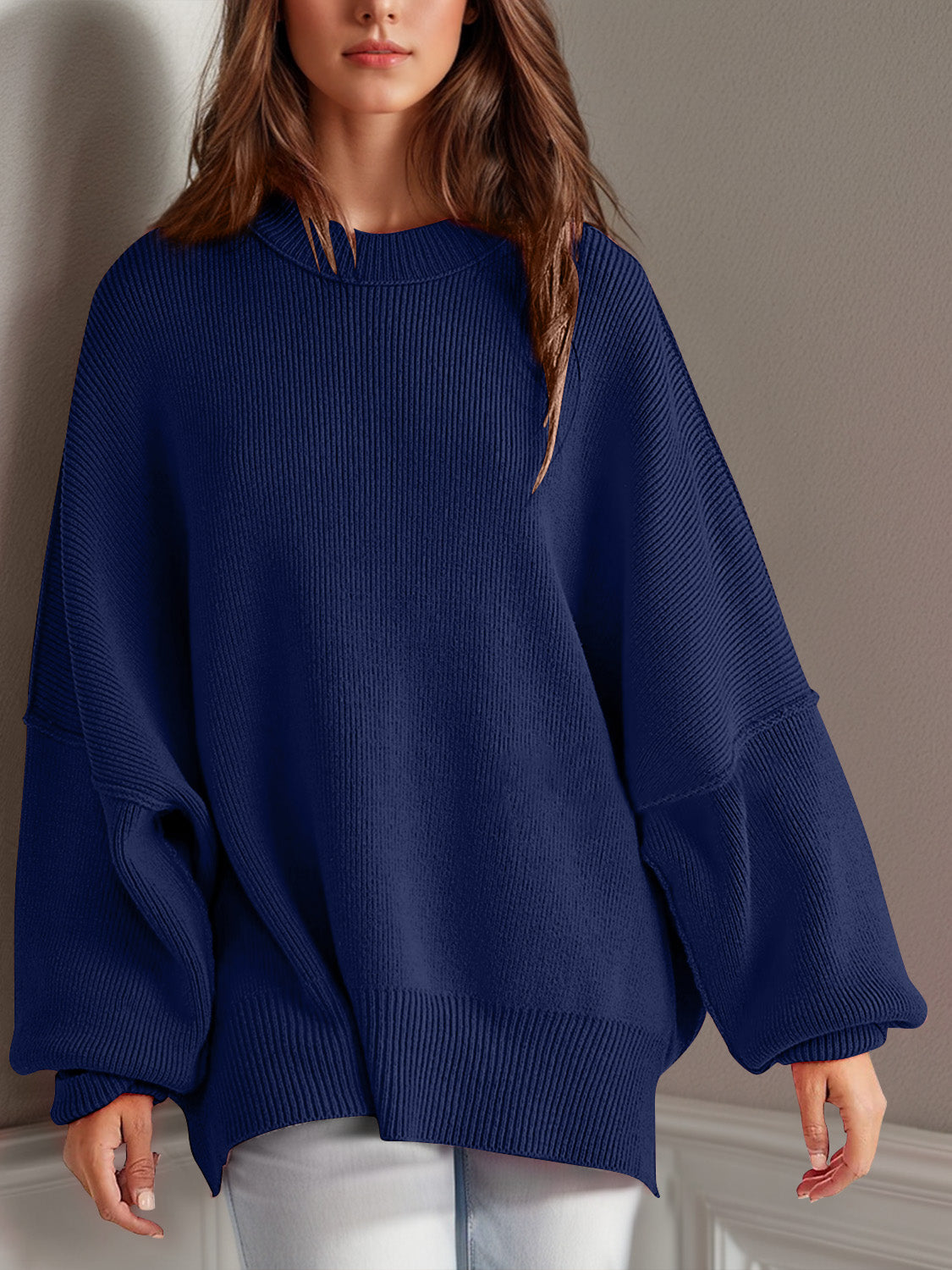 double take side slit round neck long sleeve sweater