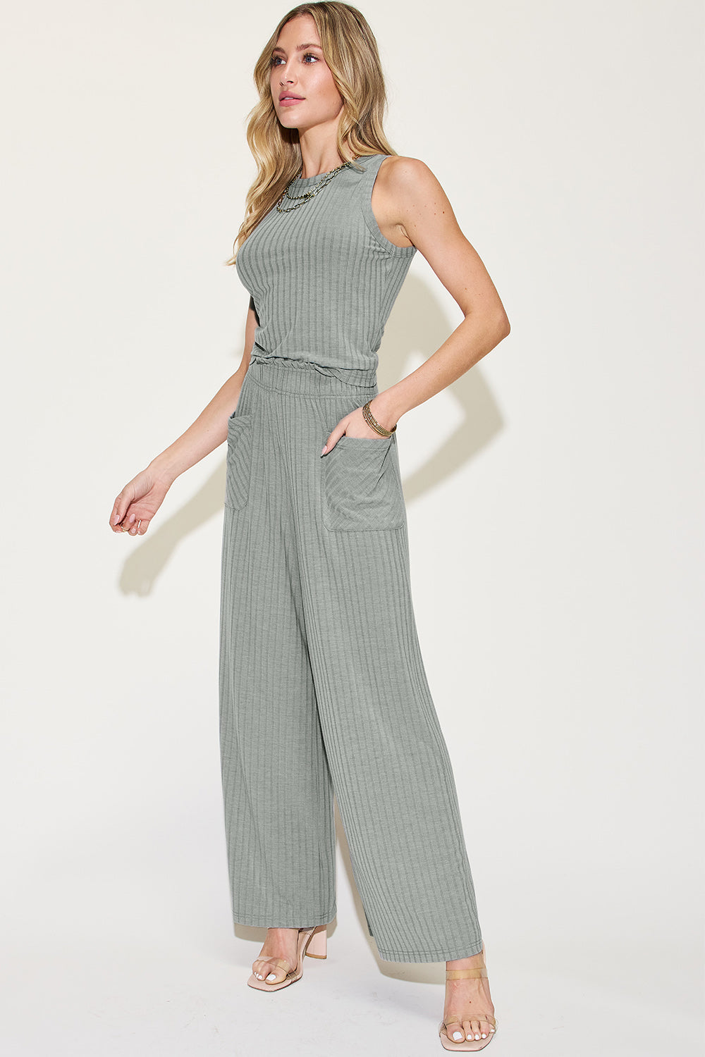 basic bae full size ribbed tank and wide leg pants set