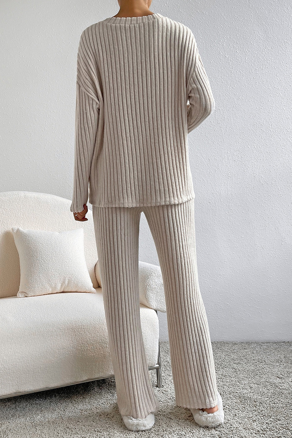 plus size ribbed v-neck drop shoulder top and pants set