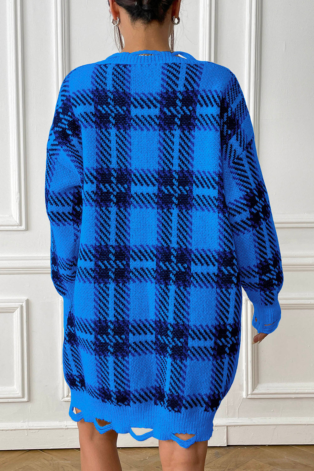plaid v-neck long sleeve sweater dress