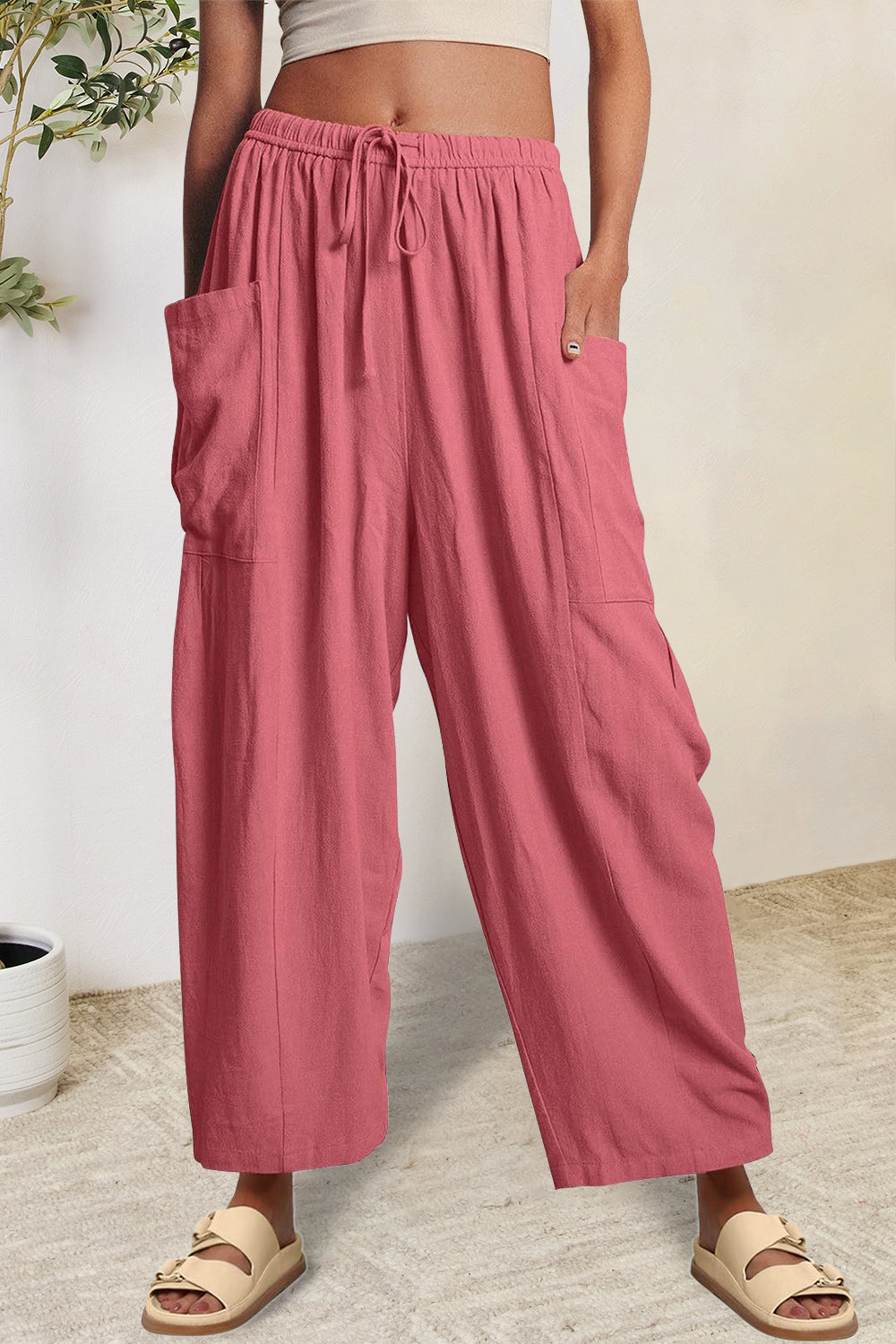 full size pocketed drawstring wide leg pants