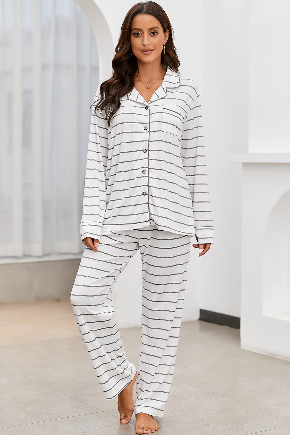 striped v-neck long sleeve top and pants lounge set
