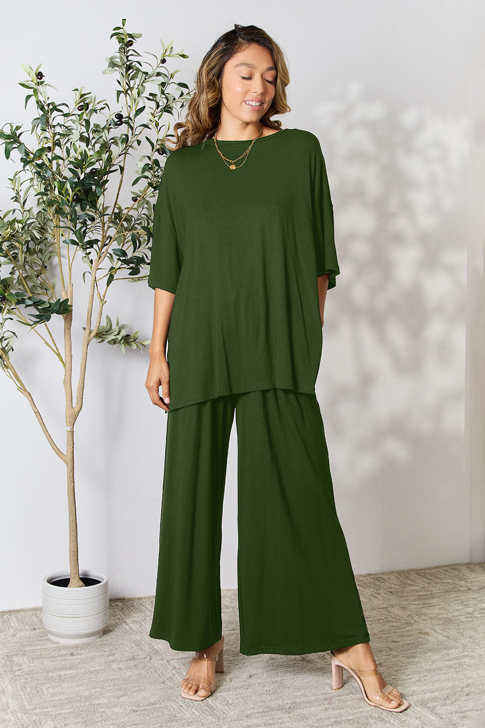 double take full size round neck slit top and pants set