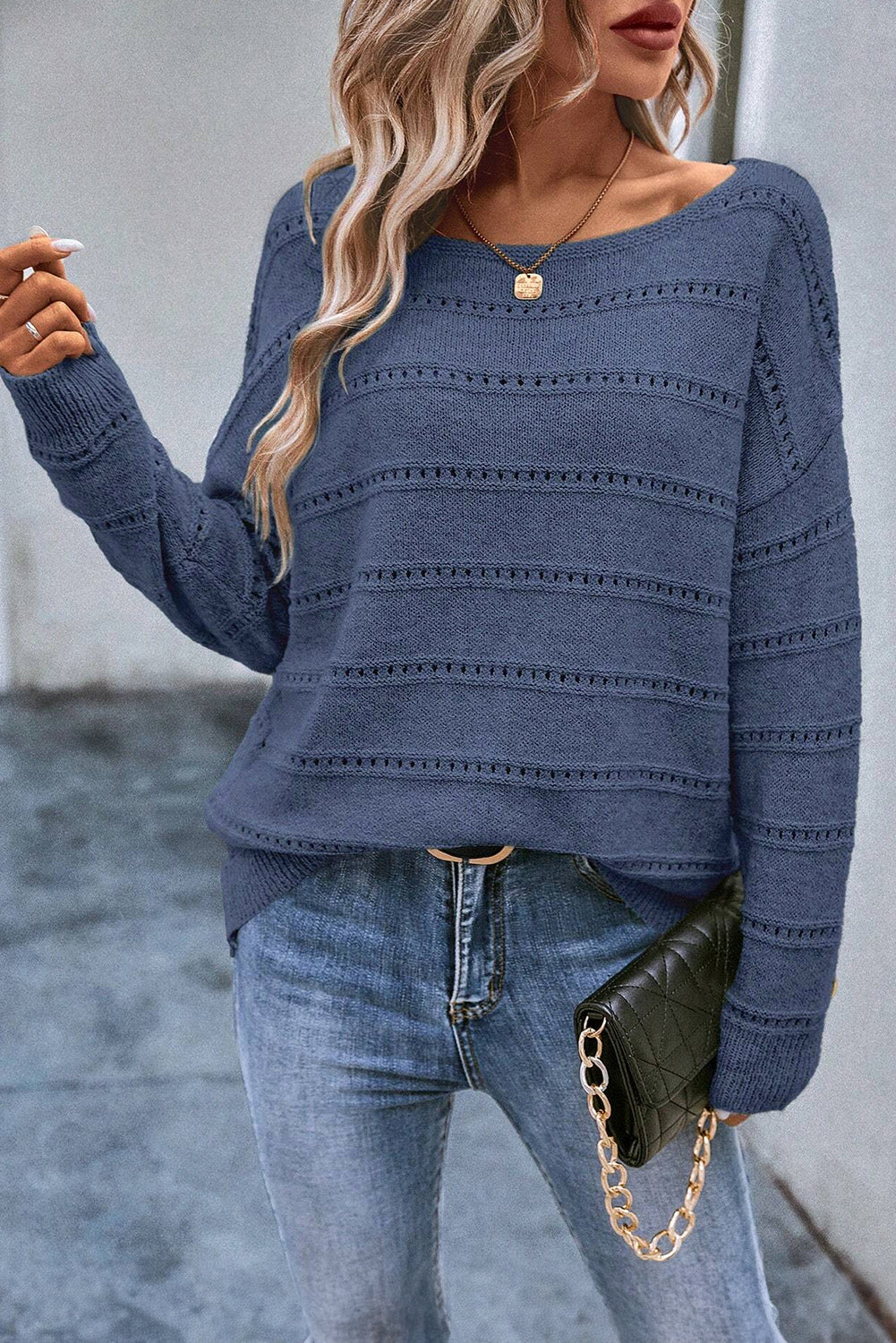 real teal boat neck drop shoulder pointelle knit sweater