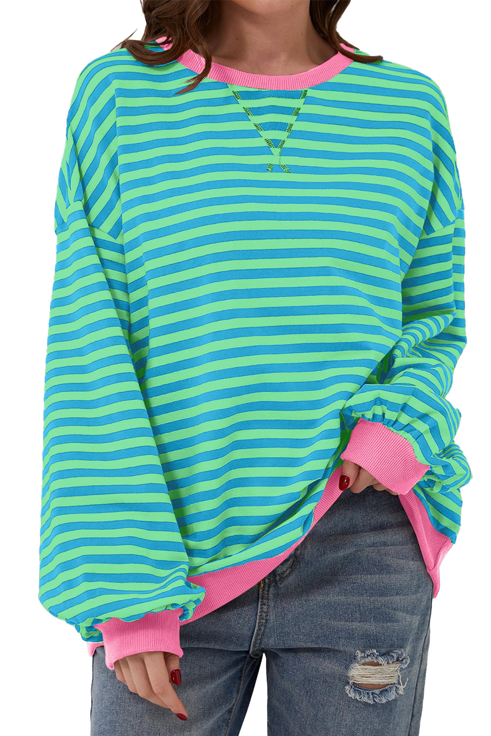 sky blue stripe oversized contrast trim pullover sweatshirt