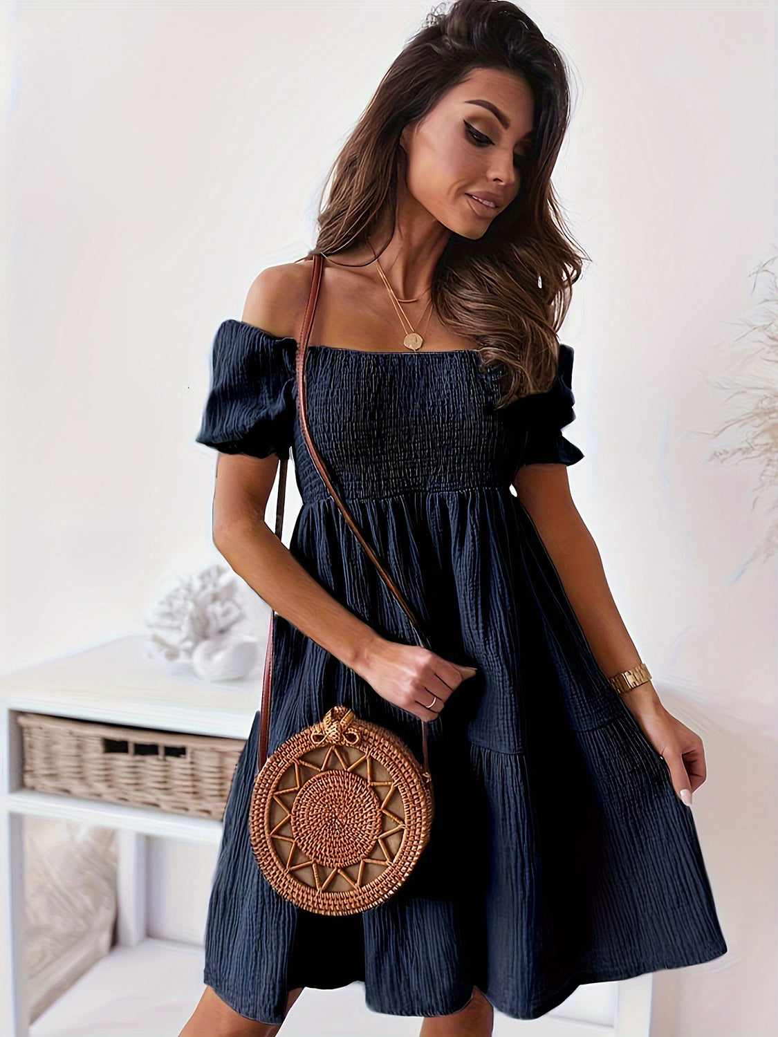 full size ruffled off-shoulder short sleeve dress