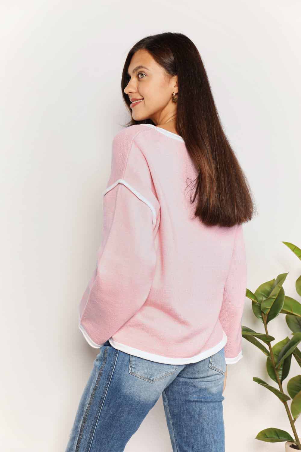 contrast detail dropped shoulder knit top