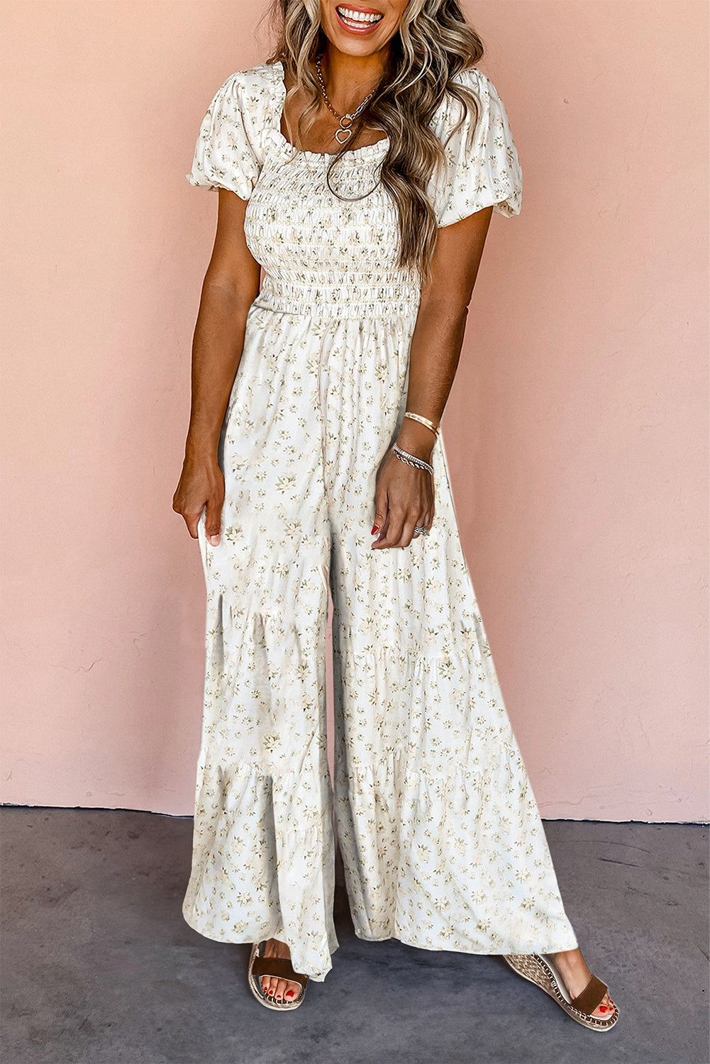 white boho floral smocked wide leg short puff sleeve jumpsuit