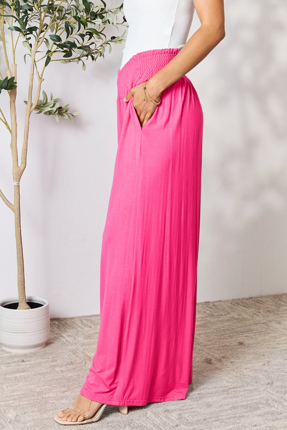 double take full size smocked wide waistband wide leg pants