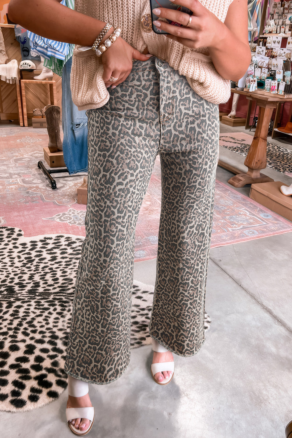 brown leopard frayed edge wide leg high waist jeans