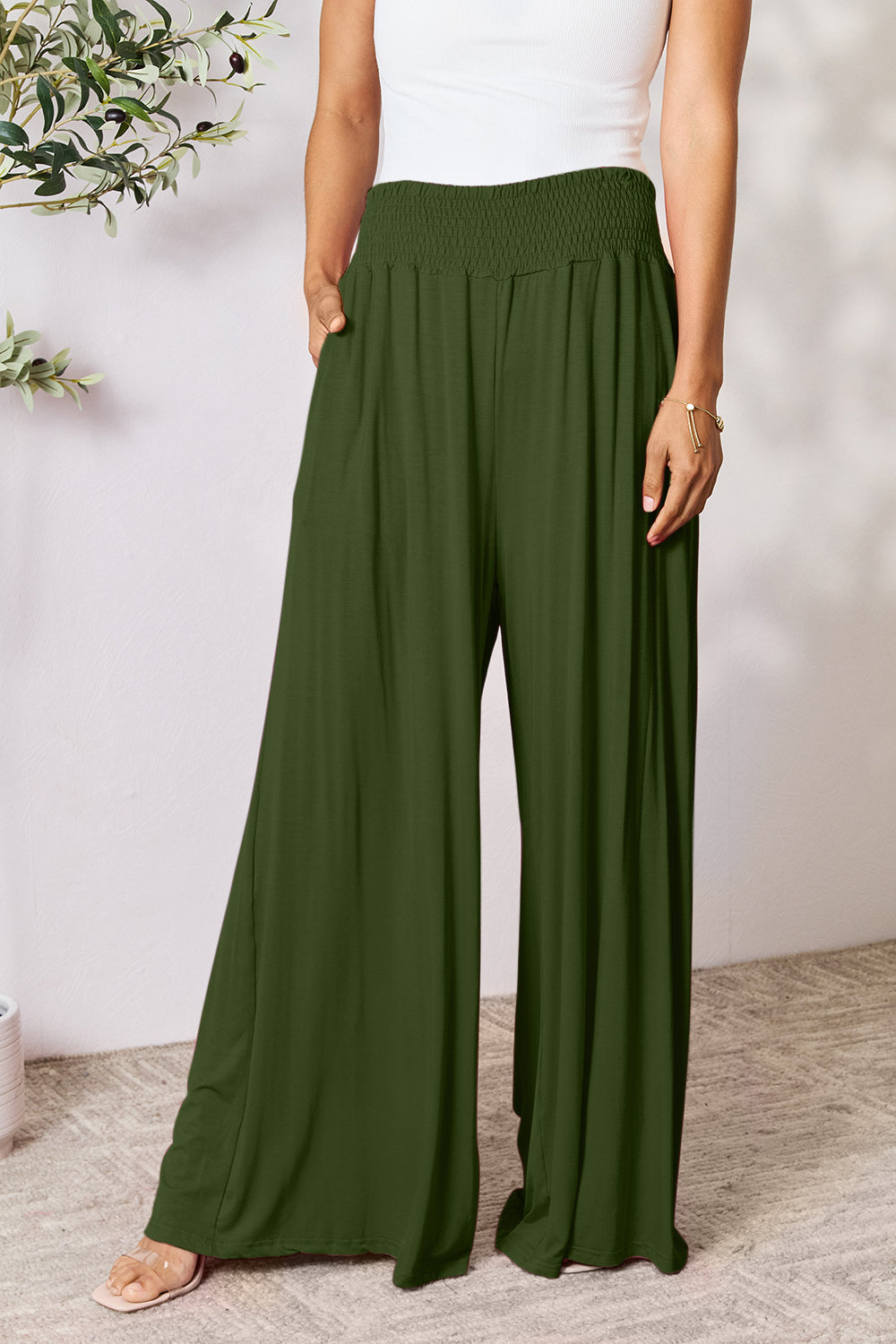 double take full size smocked wide waistband wide leg pants