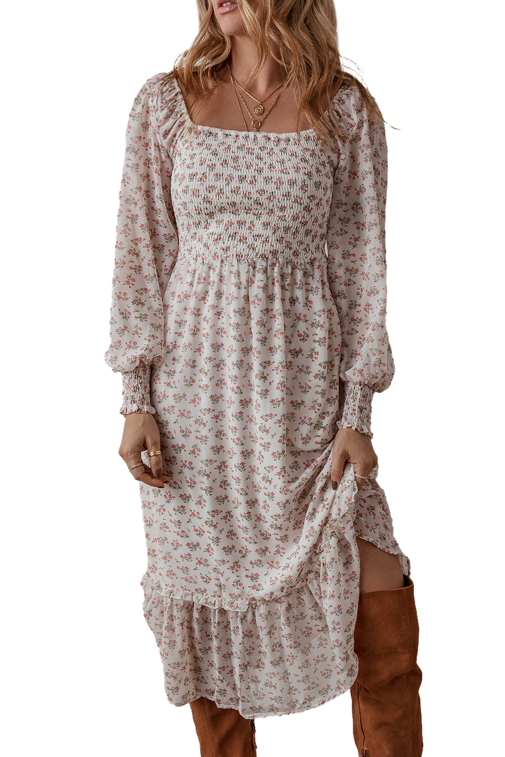 white floral print shirred ruffled hem square neck midi dress