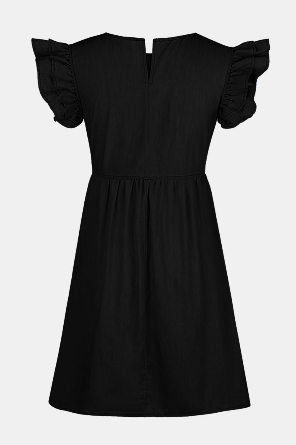 full size ruffled round neck cap sleeve denim dress