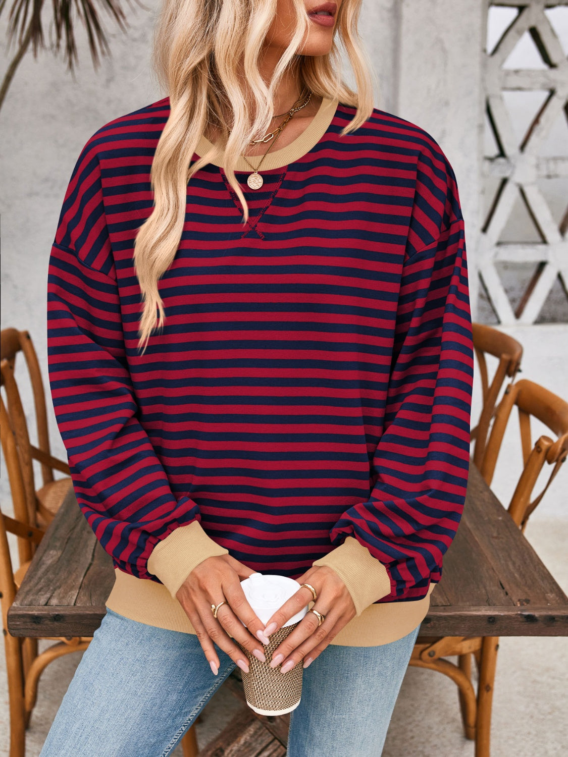 contrast striped long sleeve sweatshirt