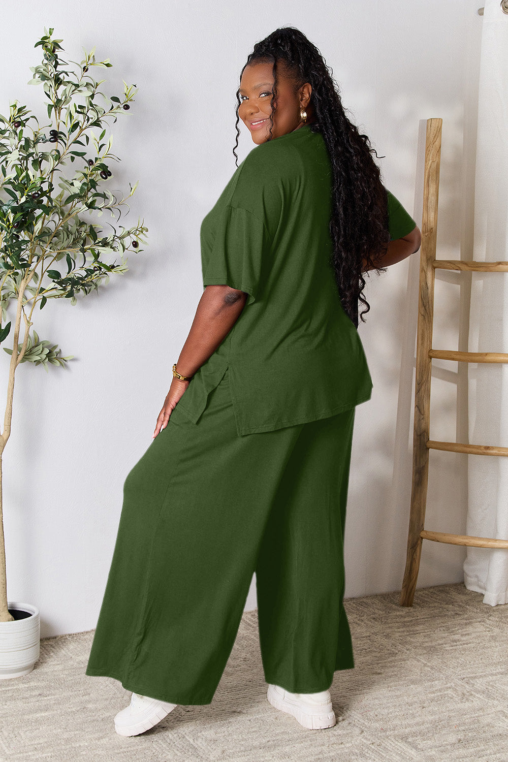 double take full size round neck slit top and pants set