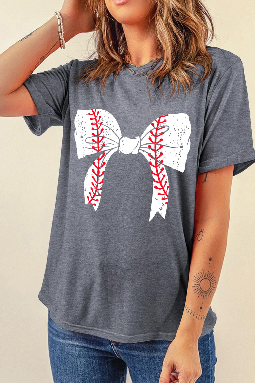 gray baseball bowknot graphic casual tee