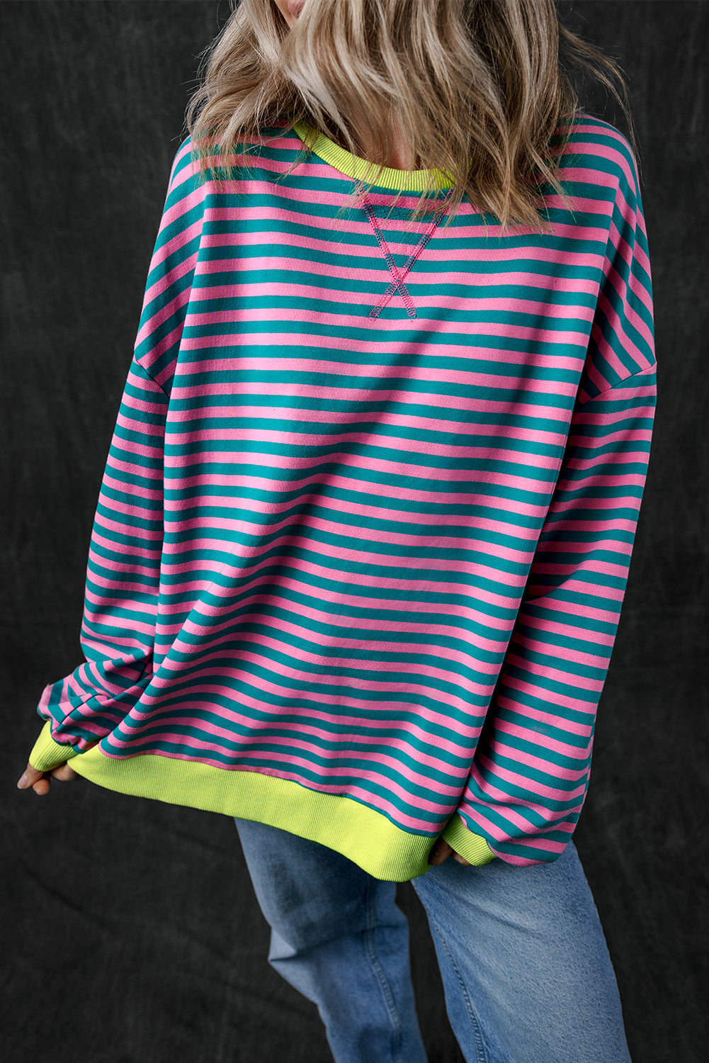 green stripe oversized contrast trim pullover sweatshirt