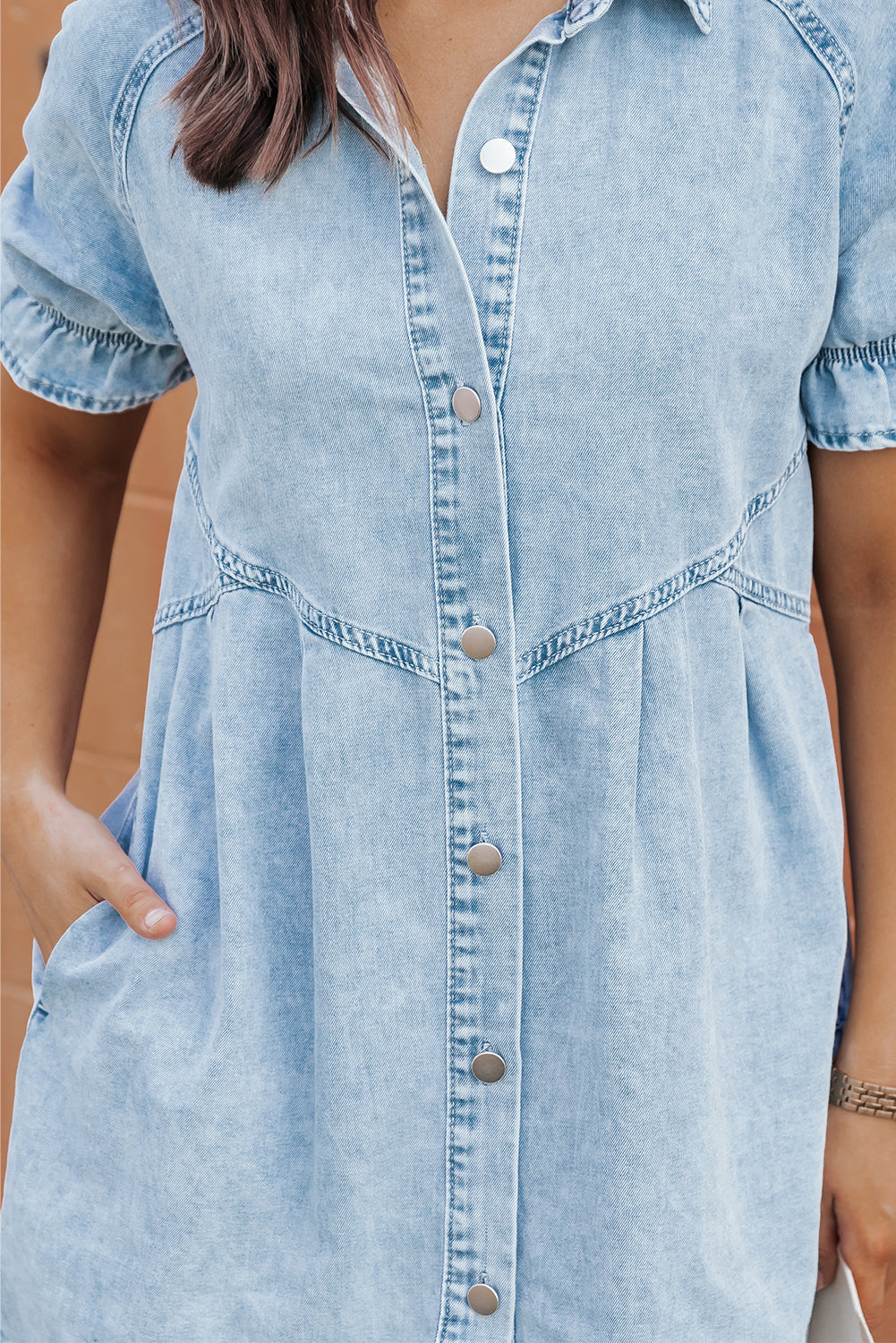 beau blue mineral wash ruffled short sleeve buttoned denim dress
