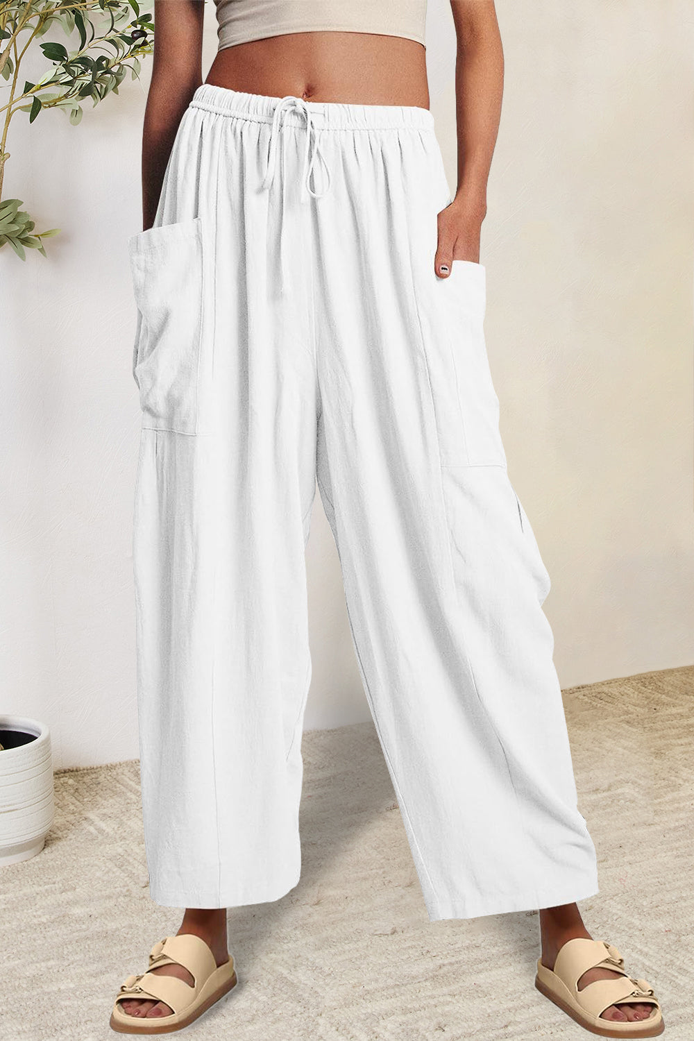 full size pocketed drawstring wide leg pants