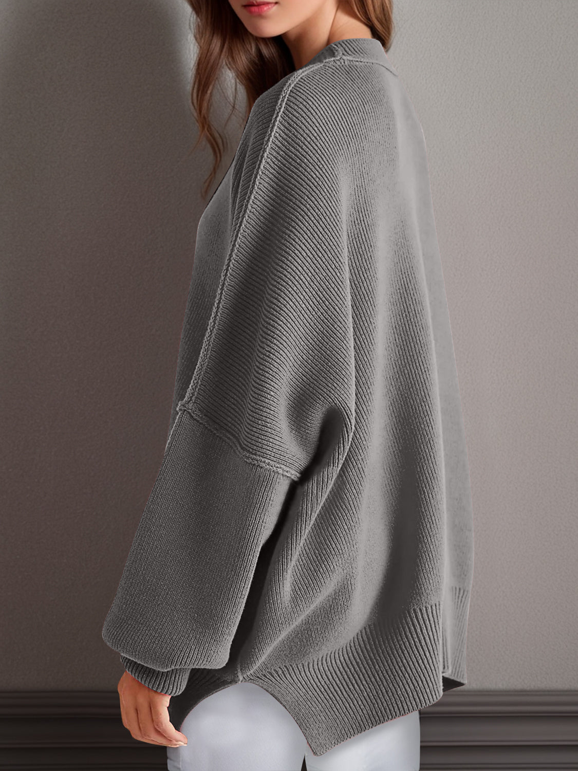 double take side slit round neck long sleeve sweater