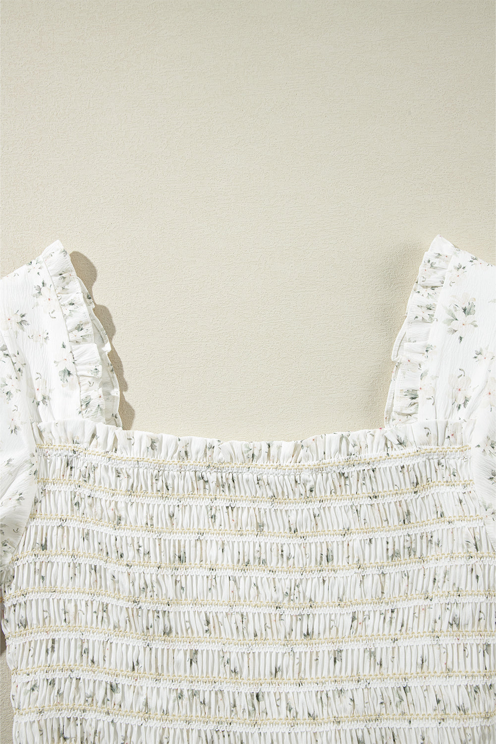white boho floral smocked wide leg short puff sleeve jumpsuit