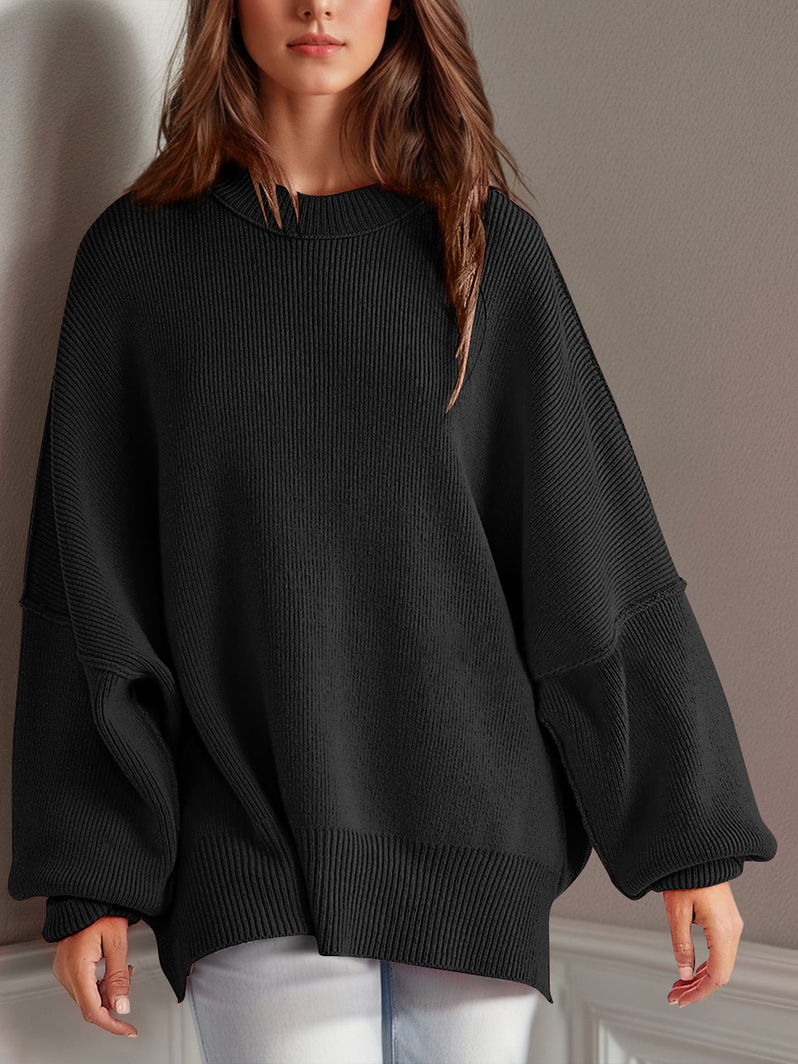 double take side slit round neck long sleeve sweater