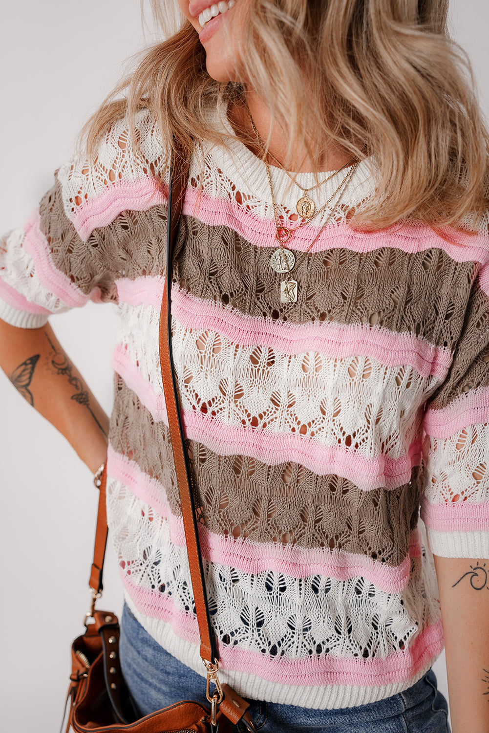 brown stripe color block hollow out crochet half sleeve sweater