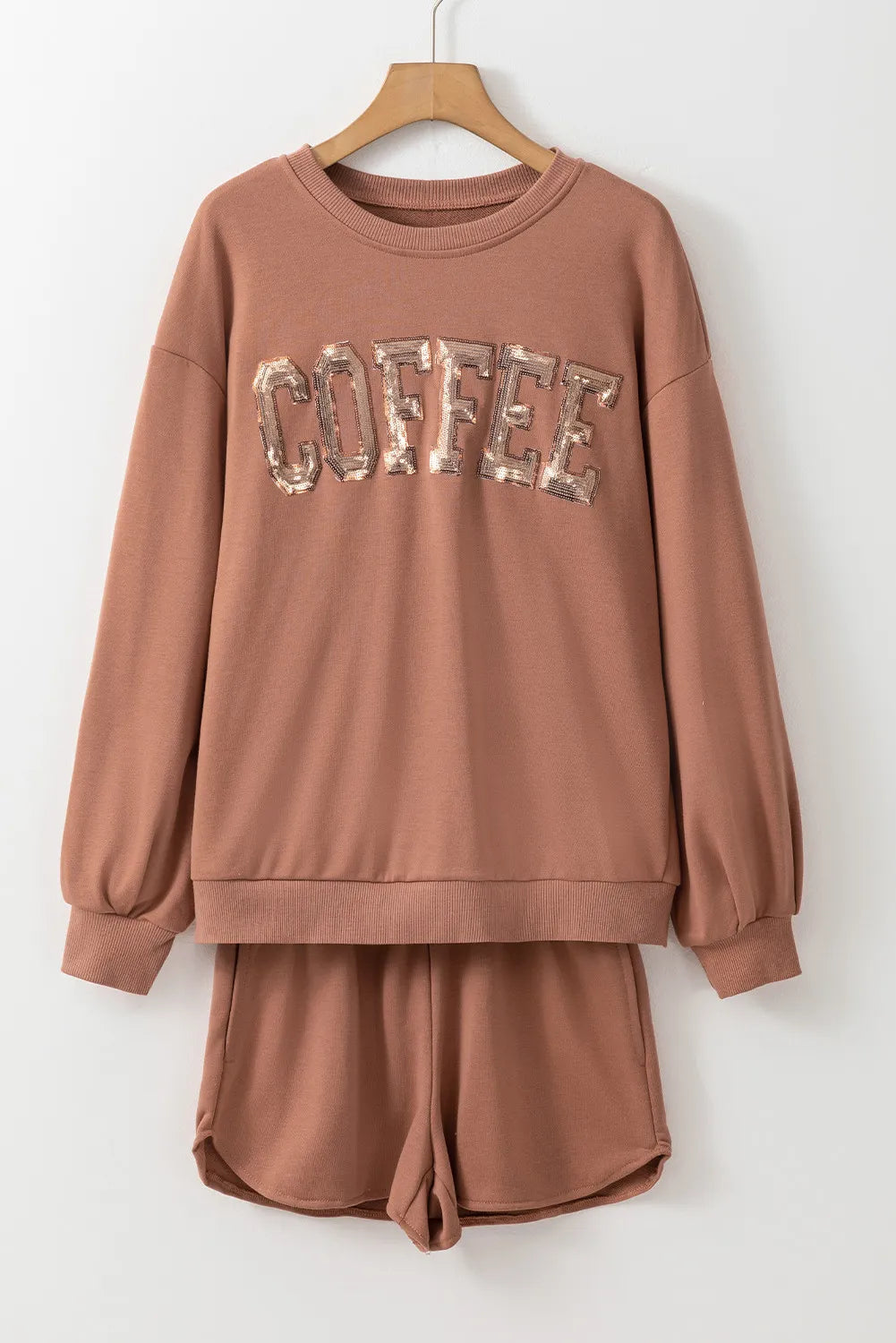 coffee sequin round neck long sleeve top and shorts set