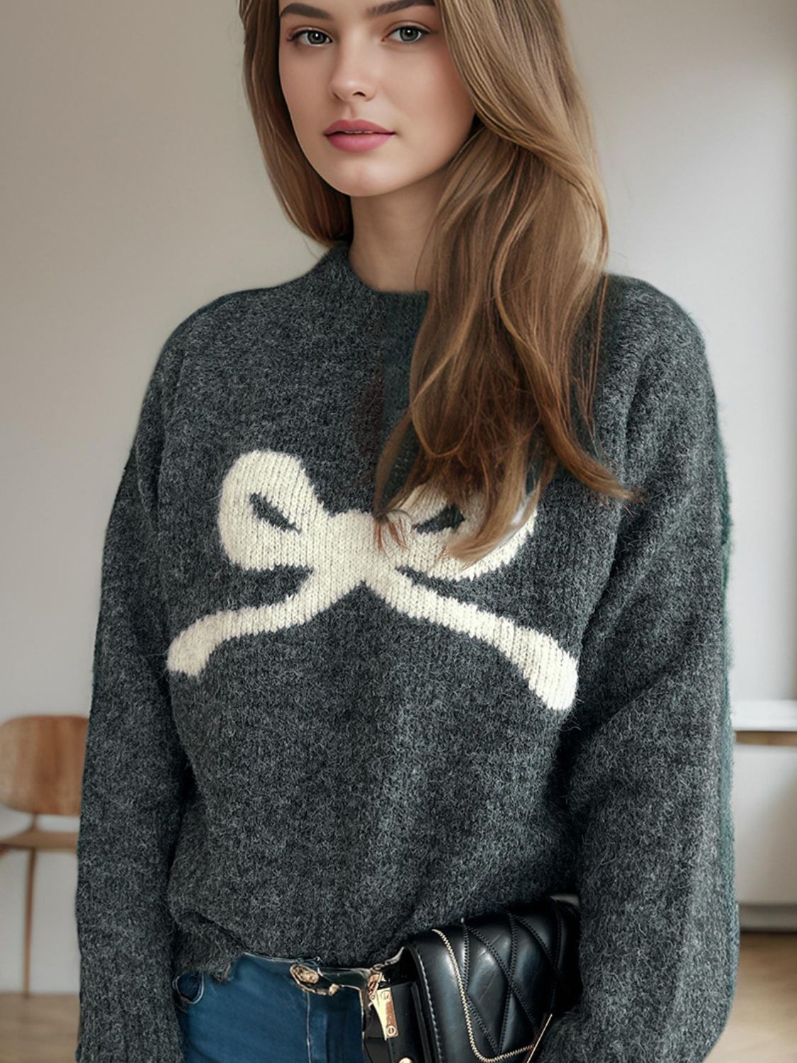 bow round neck long sleeve sweater