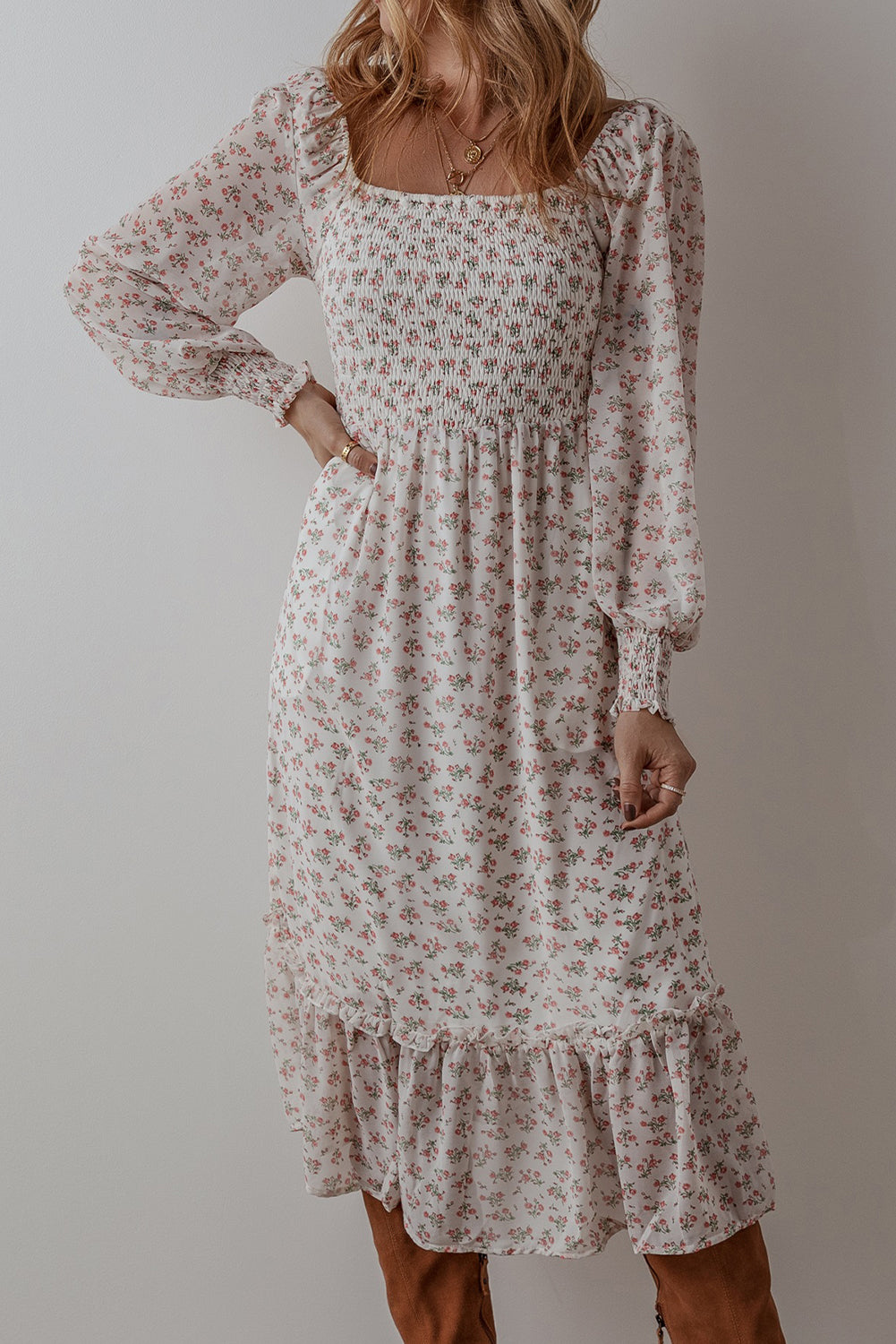 white floral print shirred ruffled hem square neck midi dress