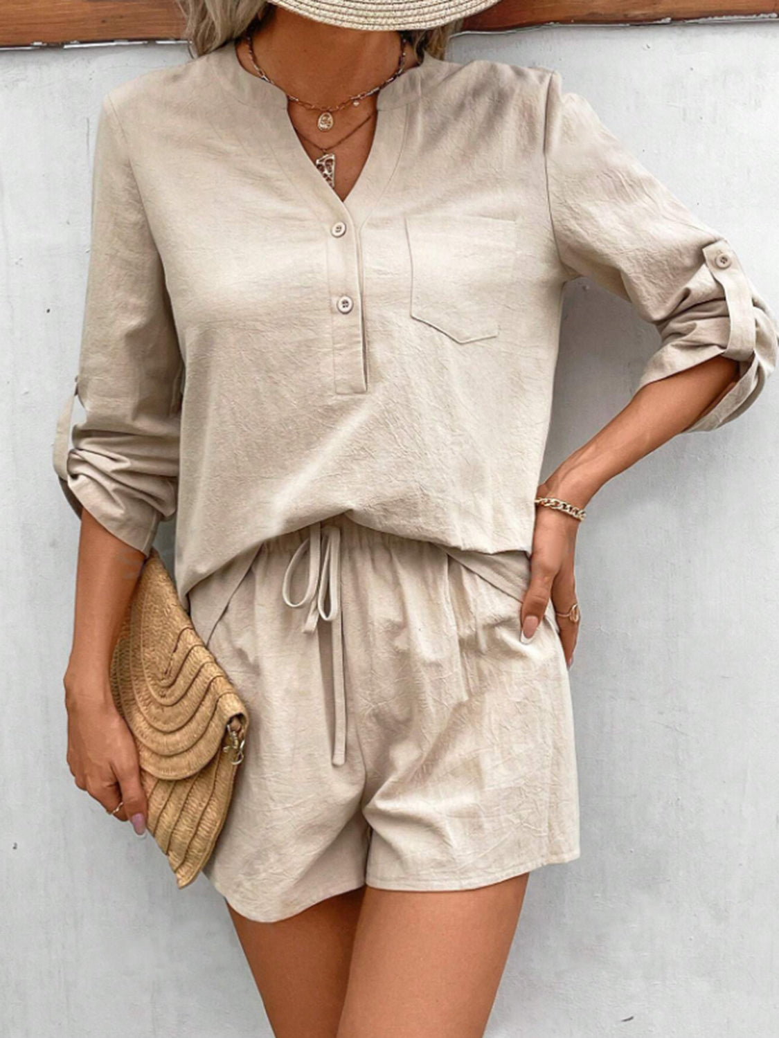 notched long sleeve top and shorts set