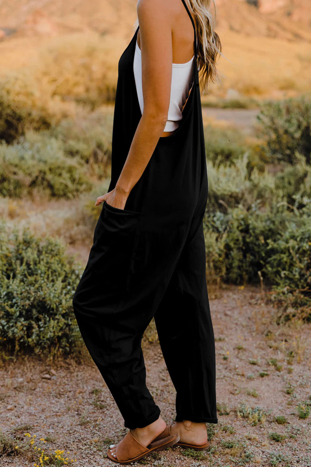 double take full size v-neck sleeveless jumpsuit with pockets