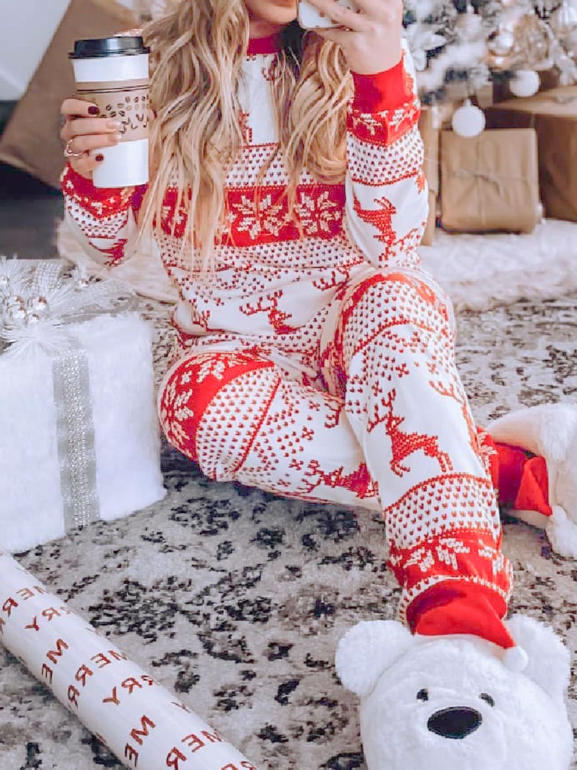 full size christmas element round neck top and pants set
