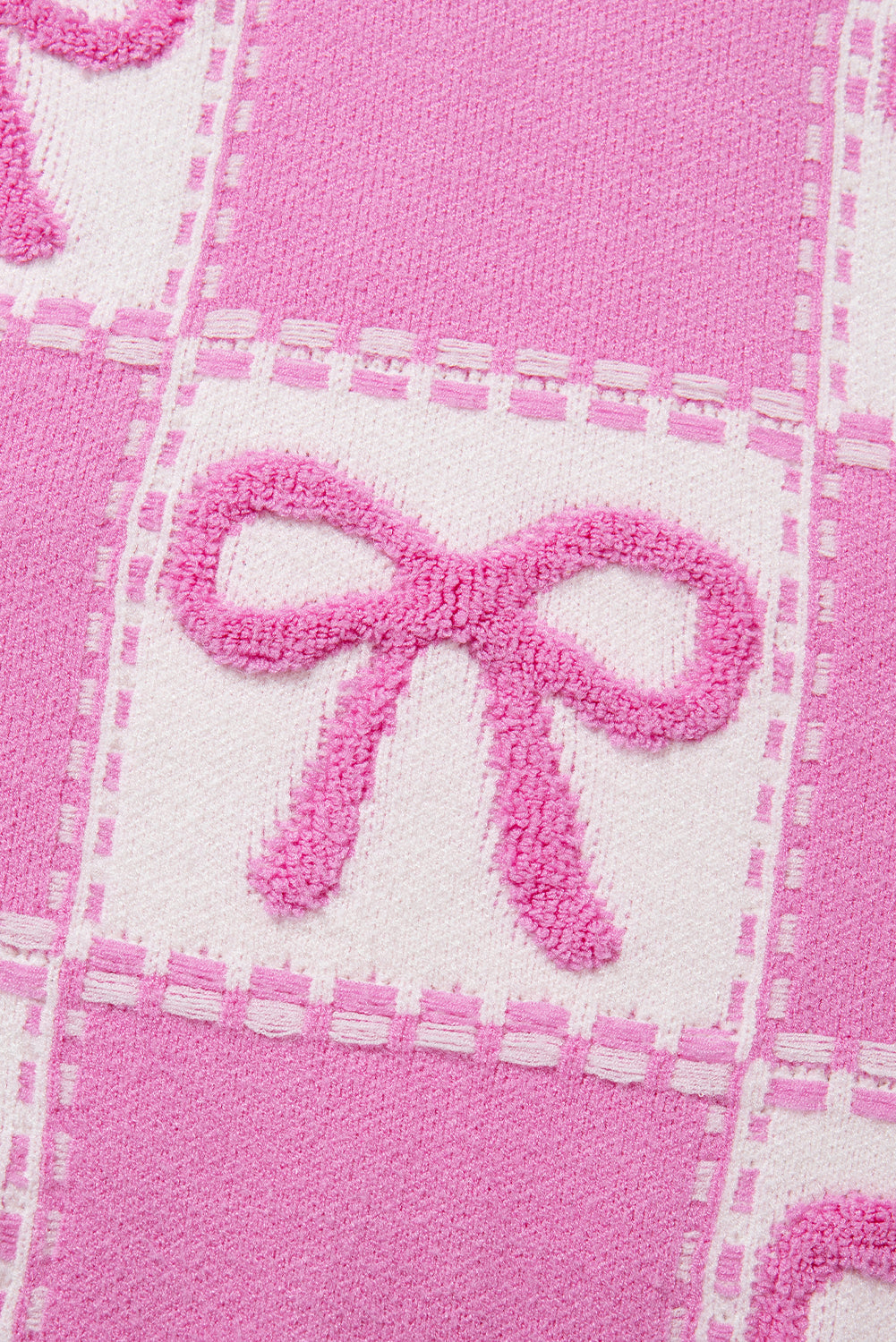 pink bow knot two tone checkered crew neck sweater