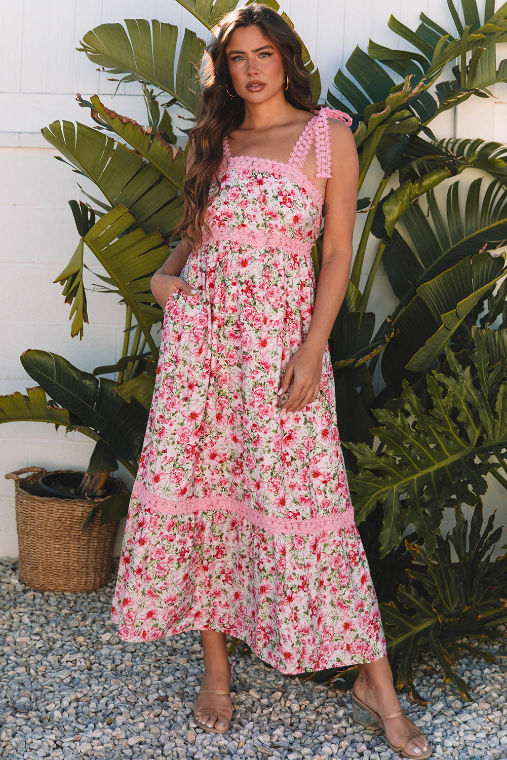 pink floral lace tied strap empire waist maxi dress