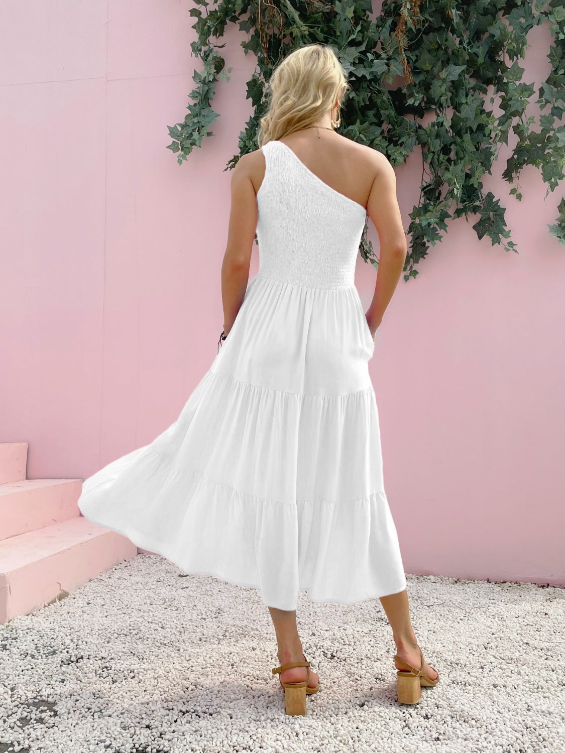 smocked single shoulder sleeveless dress