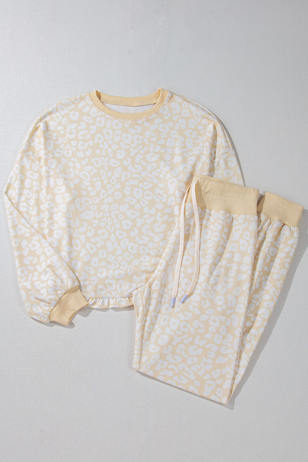 white cheetah print two piece loose fit cozy loungewear