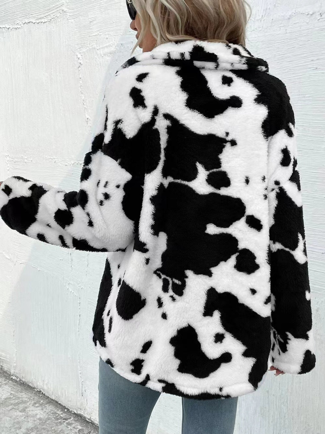 cow print collared neck button up fuzzy jacket