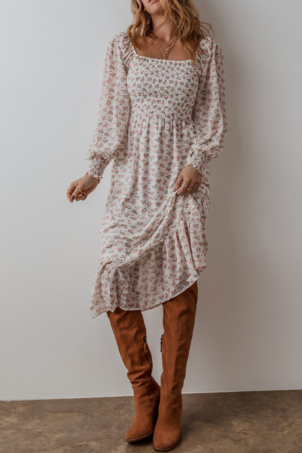 white floral print shirred ruffled hem square neck midi dress