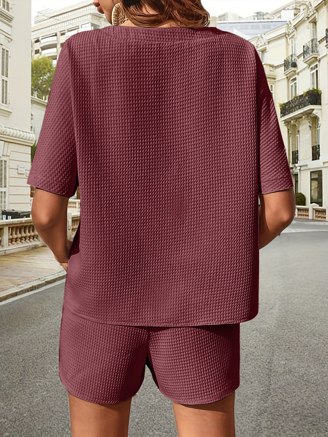 waffle-knit half sleeve top and shorts set