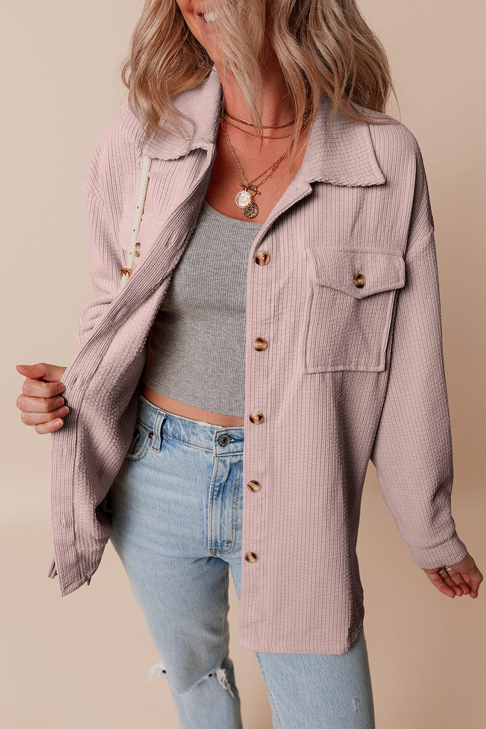 light pink corduroy flap pocket button up shacket