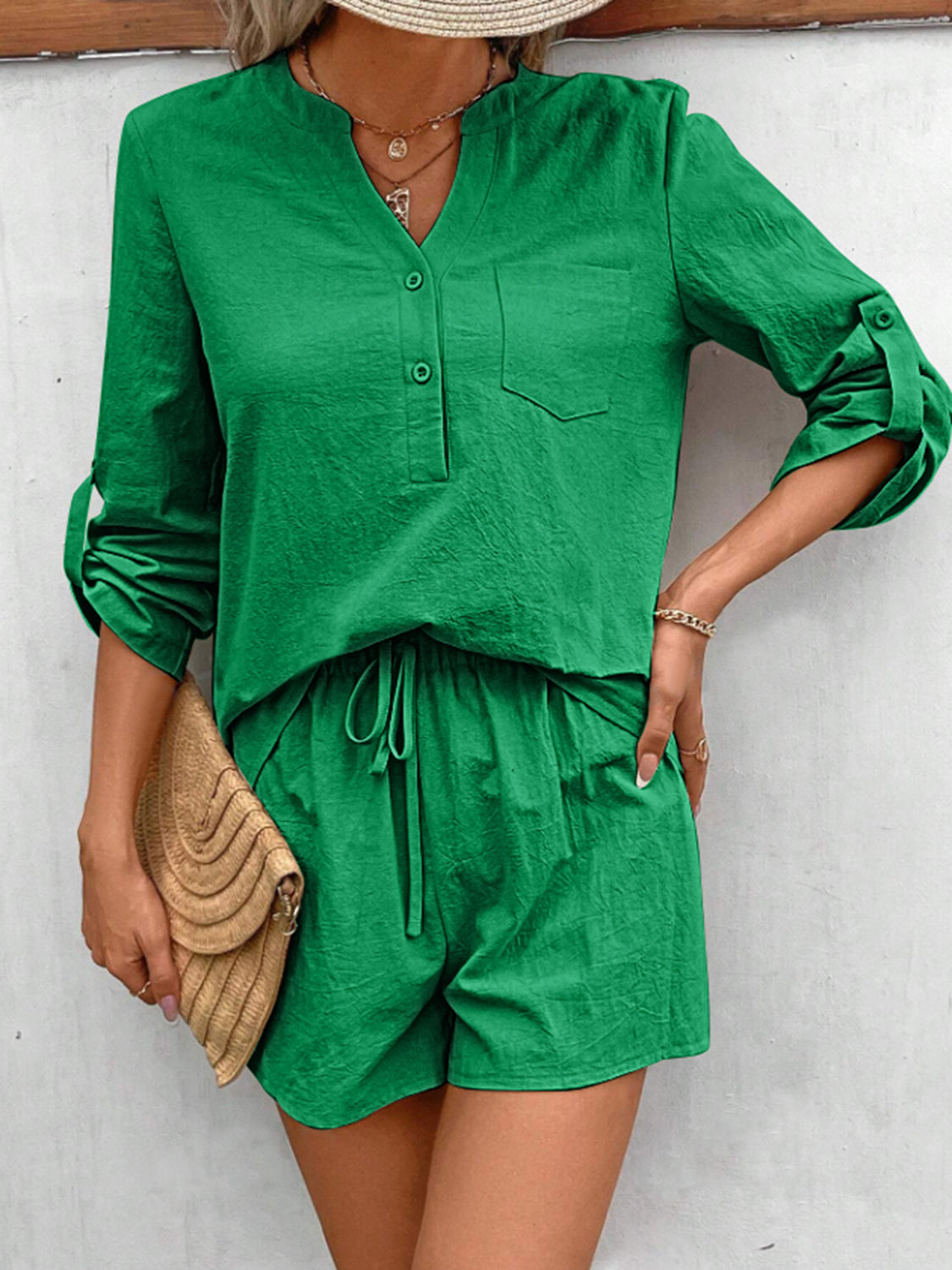 notched long sleeve top and shorts set