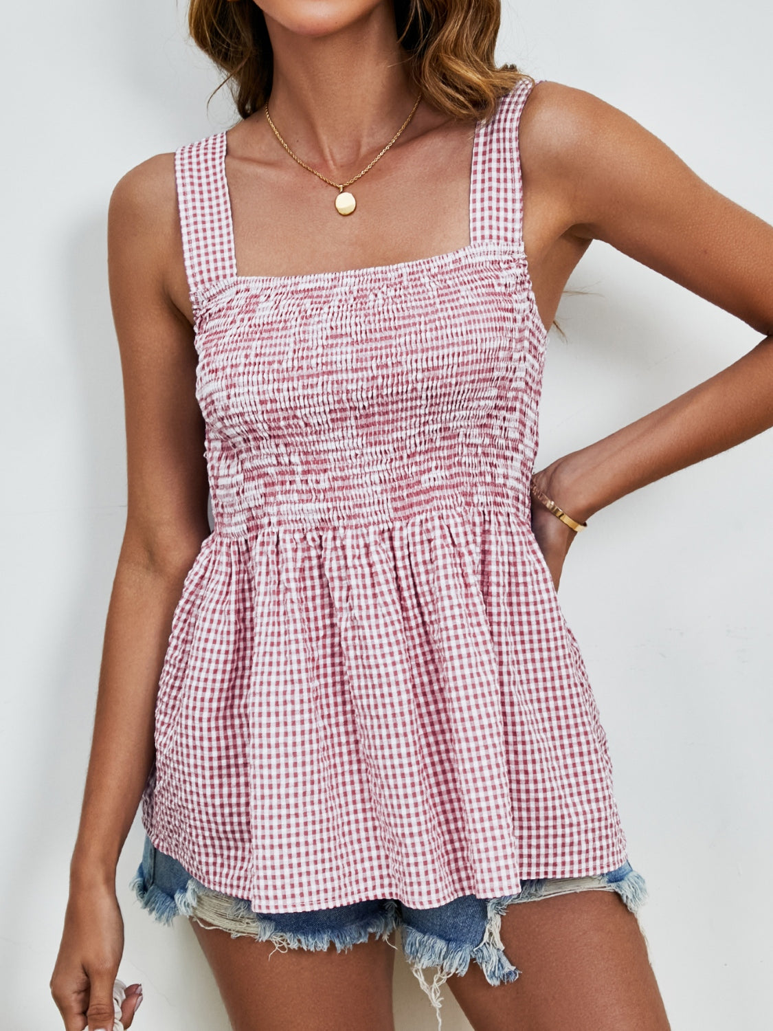smocked plaid square neck tank