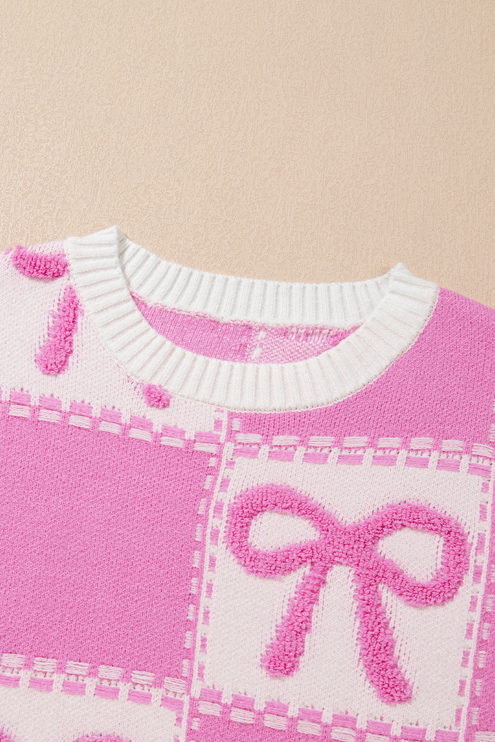 pink bow knot two tone checkered crew neck sweater